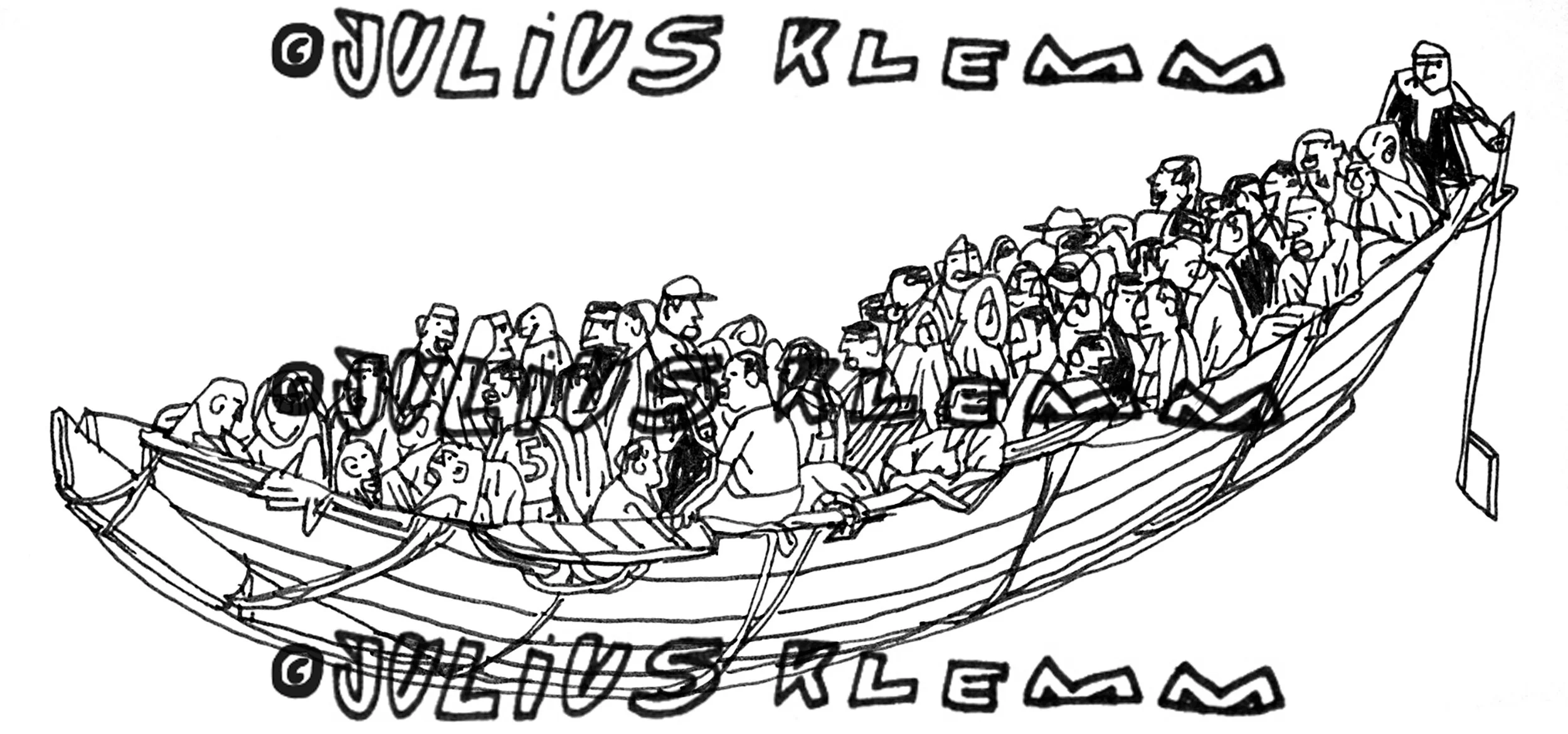 Fluechtlingsboot, Flüchtlingsboot, Schiff, Boot, Flüchtlinge, Fluechtlinge, Krieg, Flüchten, Menschen, Flucht, Analoge Illustration, Zeichnung, Illustration, Julius Klemm.jpg