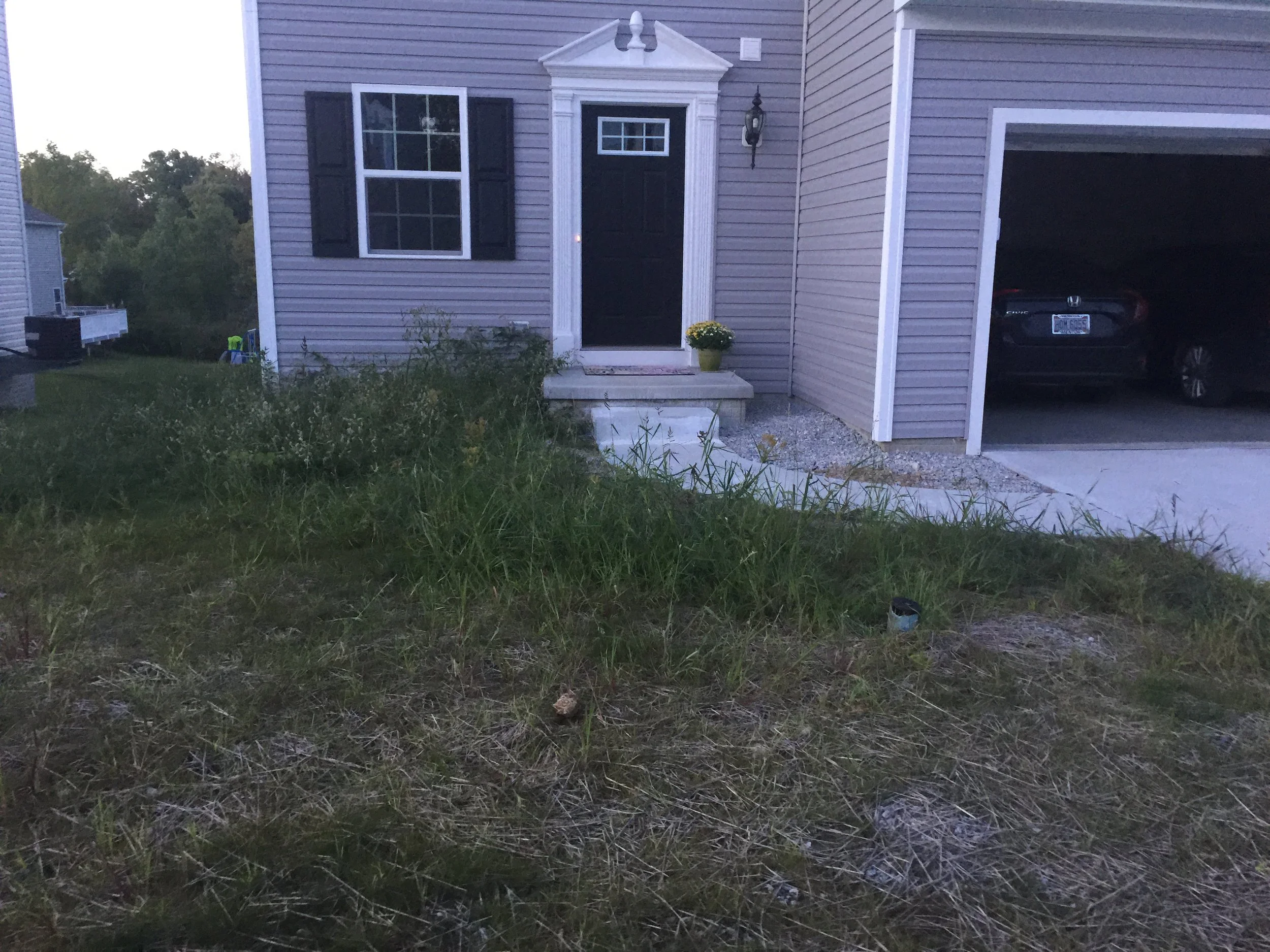 The small flower pot on the front step is displayed as a sign of hope for this yard in its current state!