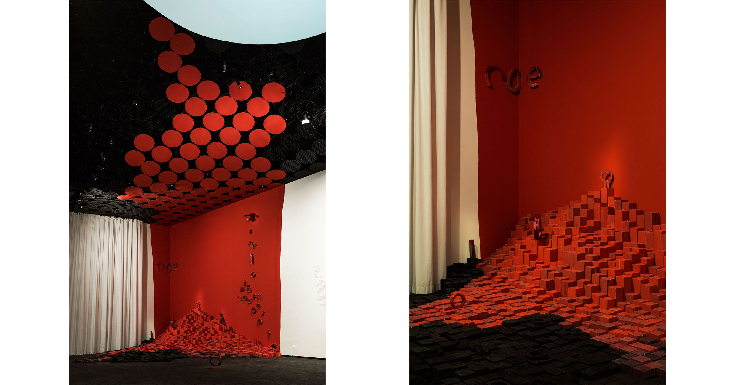 The iconic elements of the Bio Rex lobby have been relocated into a modern underground exhibition hall, where they spread like a virus or mushroom spawn, reprogramming the space. Letters from cinema signs melt and collapse on an alien platform. Th