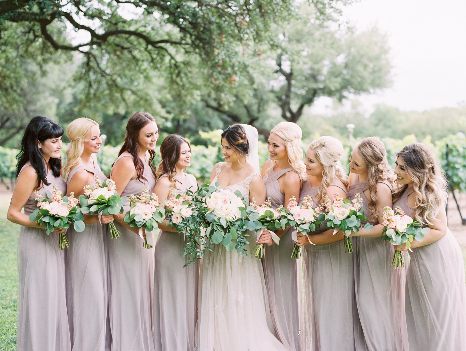 Elegant Spring Vineyard Wedding | Film Wedding Photographer | Austin Wedding Photographer | Romantic Neutral Bridesmaid Dresses, Simple Bride Bouquet | Britni Dean Photography // britnidean.com