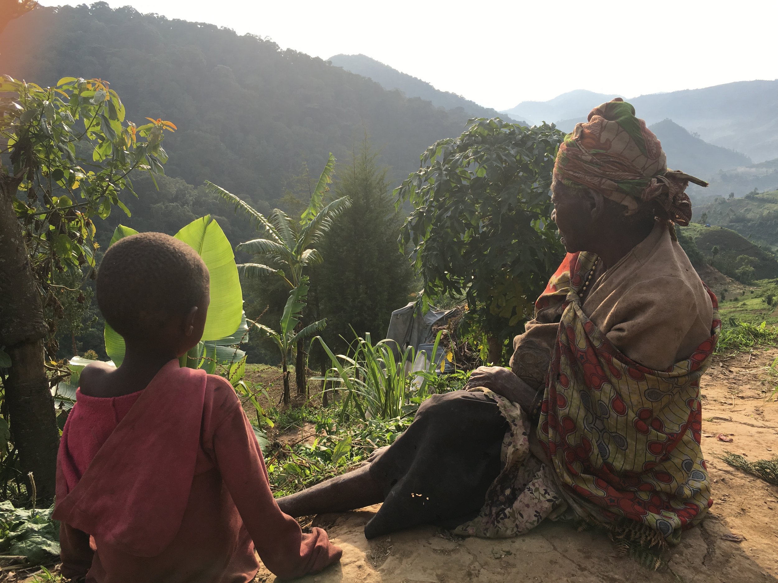 90 year old Batwa woman gazes upon her former home, the Bwindi Impenetrable Rain Forest, with her grandson.