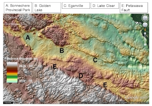 图7:岩石基底图像的深度显示了基底岩石在地形上的高区域(棕色至白色区域)和低区域(浅绿色区域)。这种类型的图像显示渥太华- Bonnechere格拉伯…