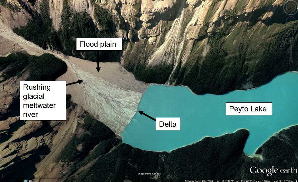 图6:一条湍急的冰川融水河流进入艾伯塔省的佩托湖，形成了一个三角洲。湍急的河流被包含在两座山之间，这两座山的作用非常像渥太华-邦内切尔地堑的边缘容纳了祖先的…
