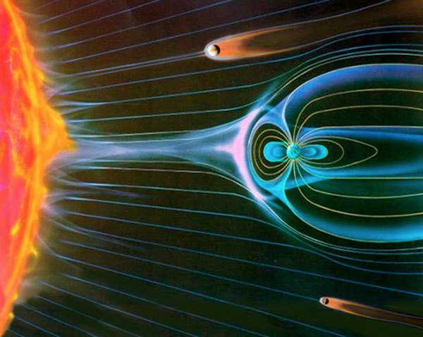 图4:一个卡通显示来自太阳的太阳粒子,称为太阳风,向地球。地球的磁场偏转太阳风和保护地球免受太阳粒子的爆炸。地球的磁铁…