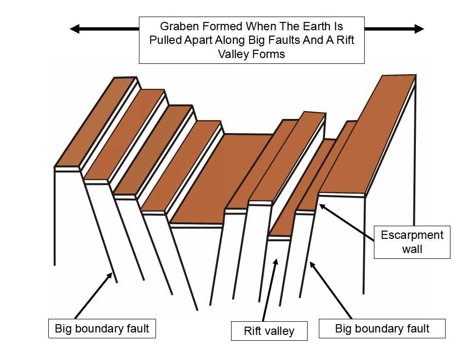 图1:这幅漫画展示了当地球沿着平行的大断层被拉开时，一个带裂谷的地堑地带是如何形成的。中央的土地面积下降，以填补左、右方块被拉开时留下的空间。