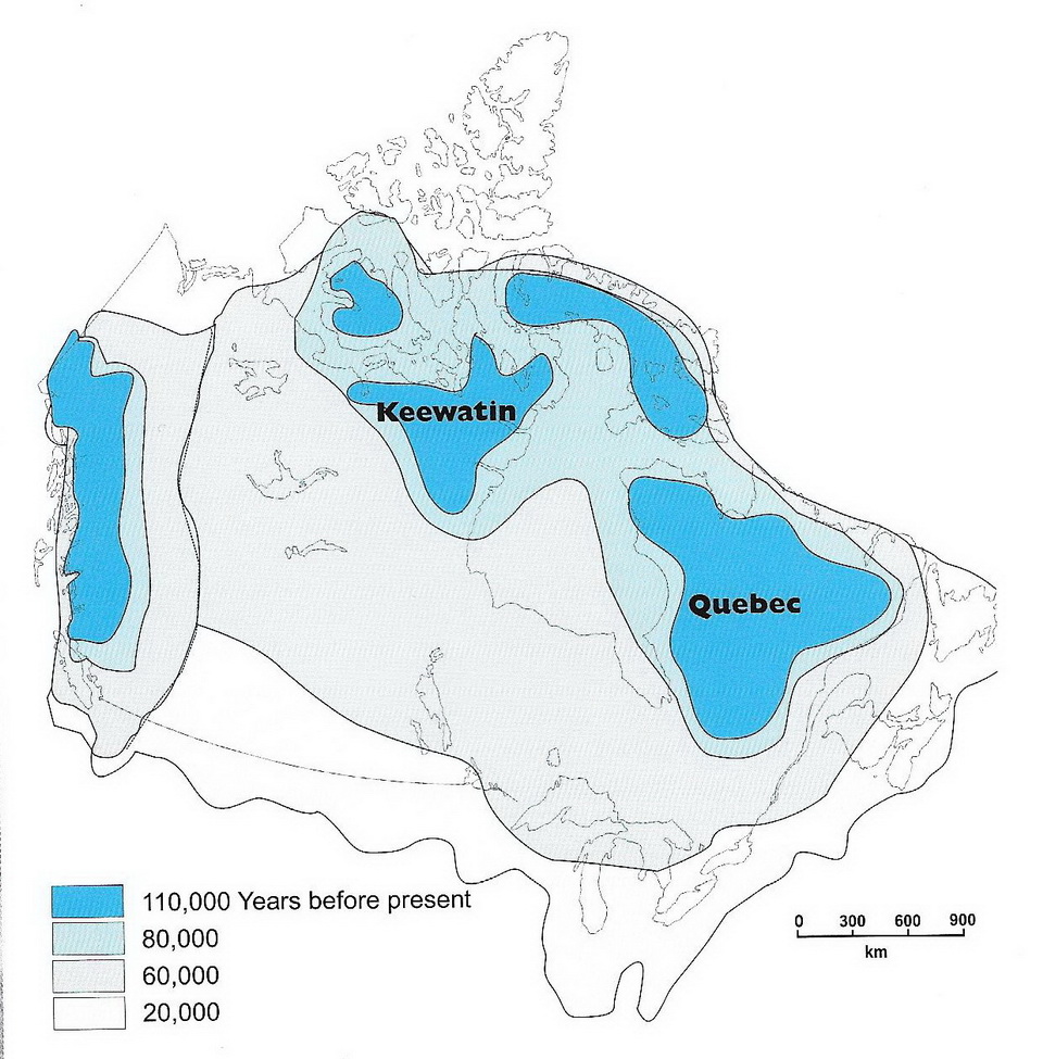 图4:漫画显示了上一个冰河时代的冰川范围，这个冰川开始于大约200万年前，结束于大约1.3万年前，位于我们现在称为邦内切尔省立公园的地区。由Art…