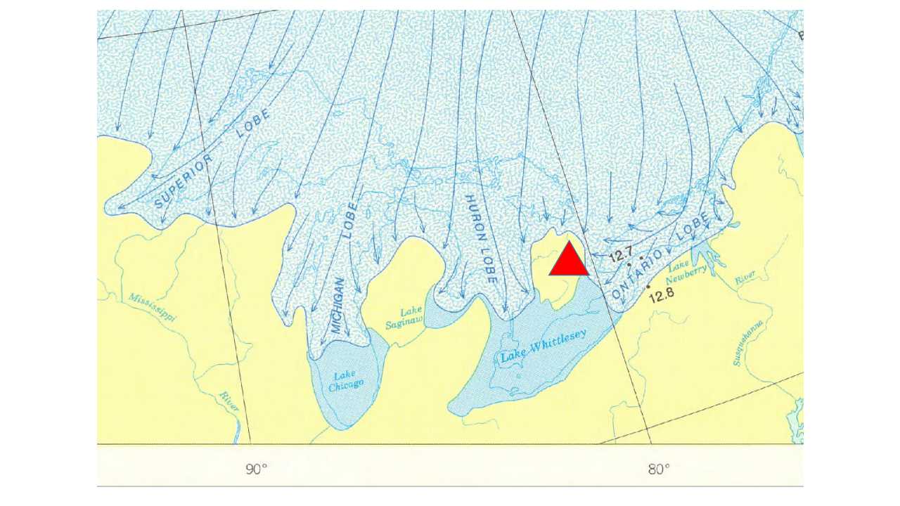 图3:一个例子显示的位置Rockwood保护区(红色三角形)和冰川的一部分安大略省南部约13000年前。raybet11冰川是彩色的蓝白色。土地是无冰的颜色是黄色的。…