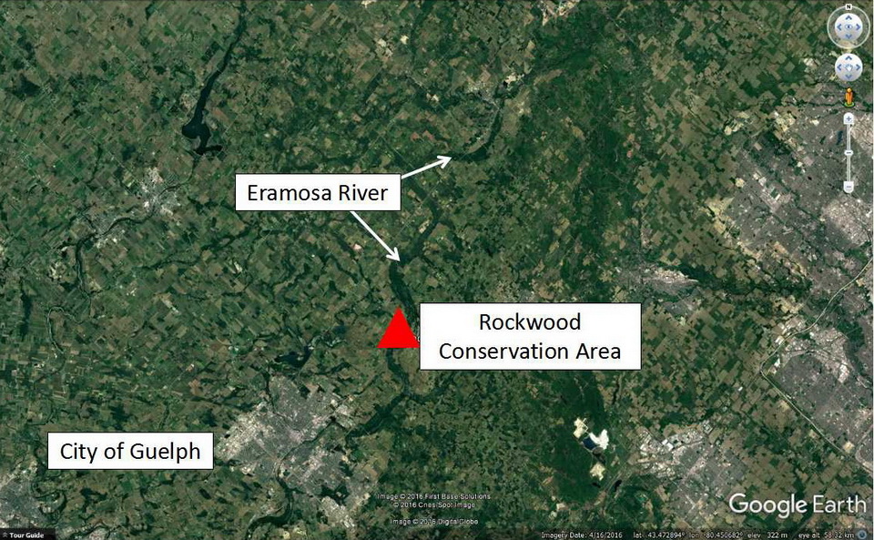图6:谷歌地球图像显示的位置圭尔夫和当今Eramosa河的位置。当今Eramosa河流在更深层次和更广泛的河谷,减少了祖先的融水河那…
