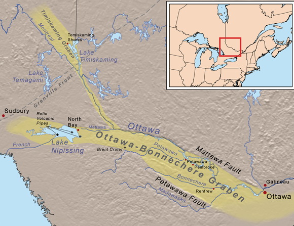 图4:渥太华的地理范围——Bonnechere地堑从蒙特利尔附近地区延伸约700公里,西至萨德伯里附近的区域。渥太华- Bonnechere北部边界的地堑叫做Mattawa错。南伯恩…
