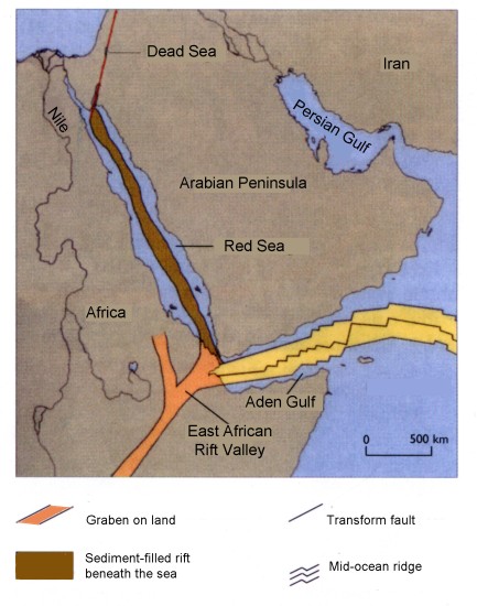 图6:一个例子的一个最容易认出三路口位于非洲东北部。三块土地蔓延远离对方。他们相遇在一个三重结。亚丁湾和红海是传播和…