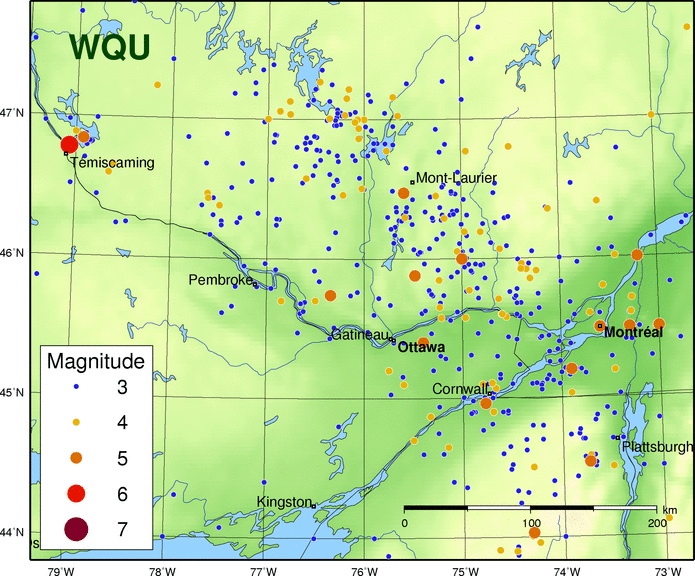 图8:图像显示在该地区历史地震的位置和大小,包括渥太华——Bonnechere地堑。在渥太华和彭布罗克之间,有几个很小的地震在渥太华——Bonnechere地堑。这年代…