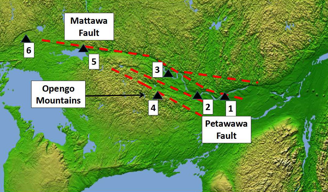 图10:阴影救济形象,以色彩为高度。渥太华——Bonnechere地堑的区域分布,Mattawa Petawawa断层,和一些城市:1 =渥太华;2 = Arnprior;3 =彭布罗克;4 = Foymount;5 =北海湾;和6 = Sudbur…
