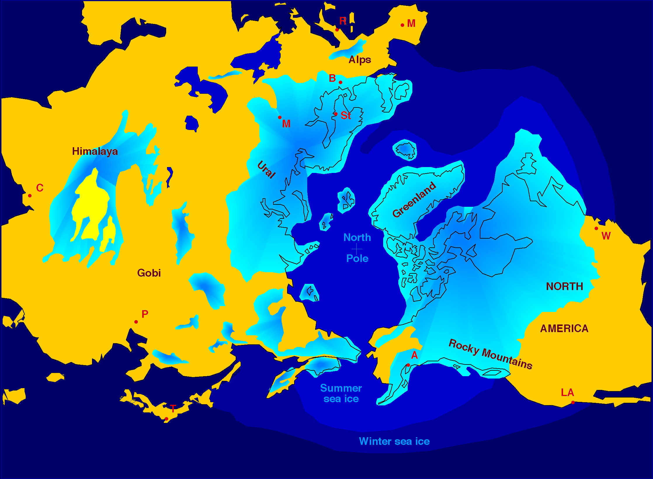 图2:蓝色区域显示分布的冰层覆盖了北美的北部,欧洲和亚洲在最后一个冰河时代的高峰期,大约25000年前。这被称为最后的冰川最大。在这个时候,冰盖…
