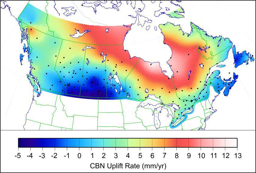 图1:这张照片显示的速率上升以应对土地均衡调整。红颜色粉红白区域沿着哈德逊湾的南部海岸的上升最快区在安大略省在每年约13毫米,…raybet11