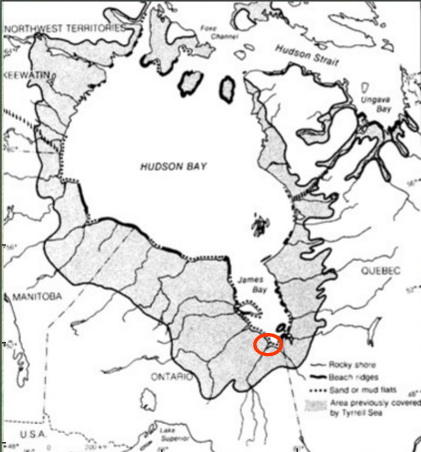 图4:这张图片显示了内陆Tyrrell海的程度。Tyrrell海是一个内陆咸水的海洋覆盖了土地相邻的哈德逊湾和詹姆斯湾去年冰盖的融化后。Tyrrell海所覆盖的区域…