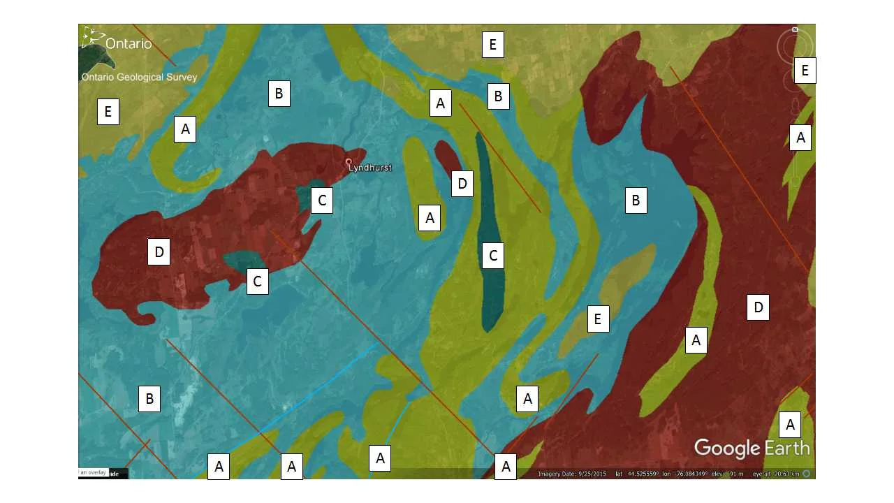 Figure 5: Rock geology of the Lyndhurst bridge area. Geologists use different colours to represent different rock types. Here is the explanation of the colours: Very old rocks (Grenville Province - greater than 1 billion years old): A: Sedimentary rocks made up from broken and weathered pieces of older rock (Clastic metasedimentary rocks consisting of conglomerate, quartz arenite, arkose, limestone, siltstone, chert, minor iron formation of the Grenville Supergroup and Flinton Group); B:Limy dolomite and limestone rocks that formed on the bottom of a warm tropical ocean (Carbonate metasedimentary rocks. Marble, calc-silicate rocks, skarn, tectonic breccias. Grenville Supergroup and Flinton Group); C: Dark coloured iron- and magnesium-rich rock that formed by cooling, below the surface of the Earth, of partially melted pre-existing rock (Mafic to ultramafic plutonic rocks; Diorite, gabbro, peridotite, pyroxenite, anorthosite, derived metamorphic rocks); D: Light-coloured, sometimes red in colour, rock that formed by cooling, below the surface of the Earth, of partially melted pre-existing rock (Late felsic plutonic rocks. Granitic gneisses with metasedimentary xenoliths, migmatites, injection gneisses, pegmatites); and Younger rock that is about 500 million years old: Sedimentary rocks made up from broken and weathered pieces of older rock (Conglomerate, sandstone, shale, dolostone. Potsdam Group; Nepean Formation; Covey Hill Formation). The geology map comes from the Ontario Geological Survey using their OGS Earth online database.
