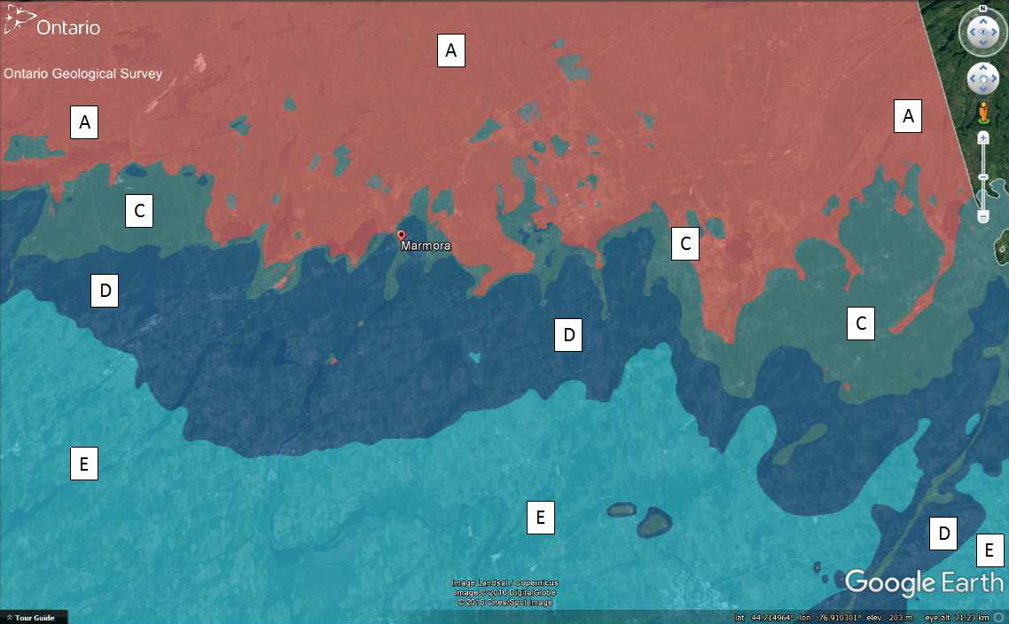 图5:地区基岩地质Marmora区域的地图。raybet雷竞技app下载颜色说明:A =老前寒武纪花岗岩岩石盾牌。古生代岩石包括:B =阴影形成湖(看到在这个规模太小,所以不显示在bedroc…