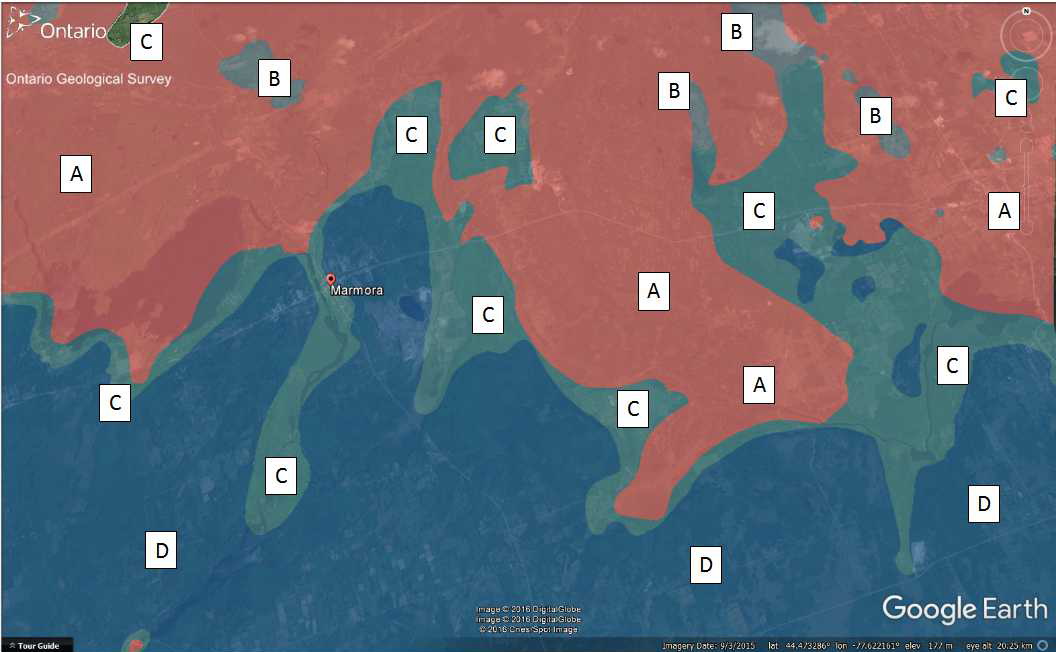 图6:Marmora镇周围的局部基岩地质。raybet雷竞技app下载解释如下:一个(红色)=老前寒武纪盾花岗岩岩石;古生代岩石:B =阴影形成湖(锡姆集团的一部分;红、栗色、绿绿的sandst…
