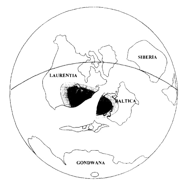 图8:大陆约4.5亿年前的近似位置见图片。黑色和灰色的颜色区域表示风化火山灰床的分布在北美东部和西部欧元…