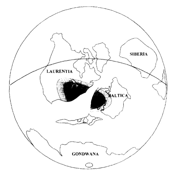 Figure 8: The approximate location of the continents about 450 million years ago is illustrated in this image. The black and grey coloured areas represent the distribution of the weathered volcanic ash beds in eastern North American and western Europe.This image gives us an indication of the explosive volcanic eruptions that were responsible for the ash beds. Note that the size, shape and location of the continents at this time, 450 million years ago, is different from today because of the geological process of continental drift. Image from Kyoungwon, Renne, and Huff .