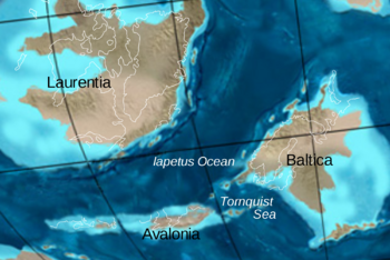 图9:土卫八的海洋是大西洋的祖先。大陆开始分裂时形成,由于大陆漂移漂移。欧洲大陆叫Laurentia是北美的祖先。土卫八大洋收盘上涨…