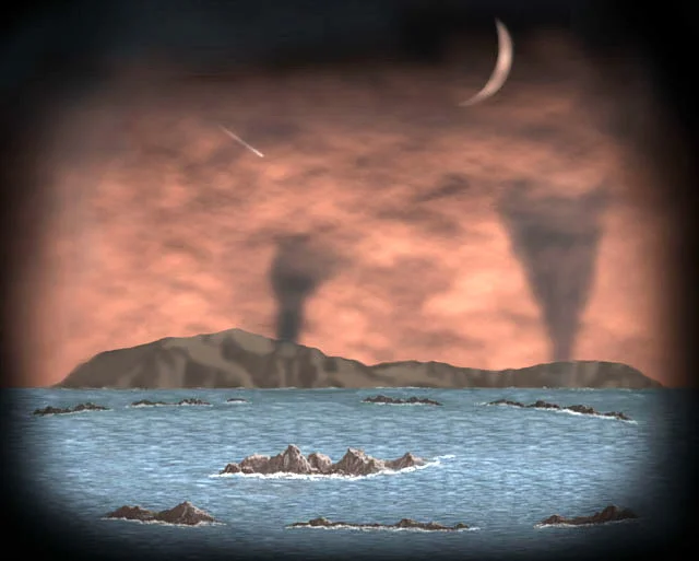 Figure 6: This cartoon illustrates the appearance of volcanoes that punched through the early thin crust of the Earth. The volcanoes spewed gases, including carbon dioxide and water vapour, into the atmosphere. Eventually, the water vapor condensed to form part of Earth's oceans. Image from: https://www.lpi.usra.edu/education/timeline/gallery/slide_17.html