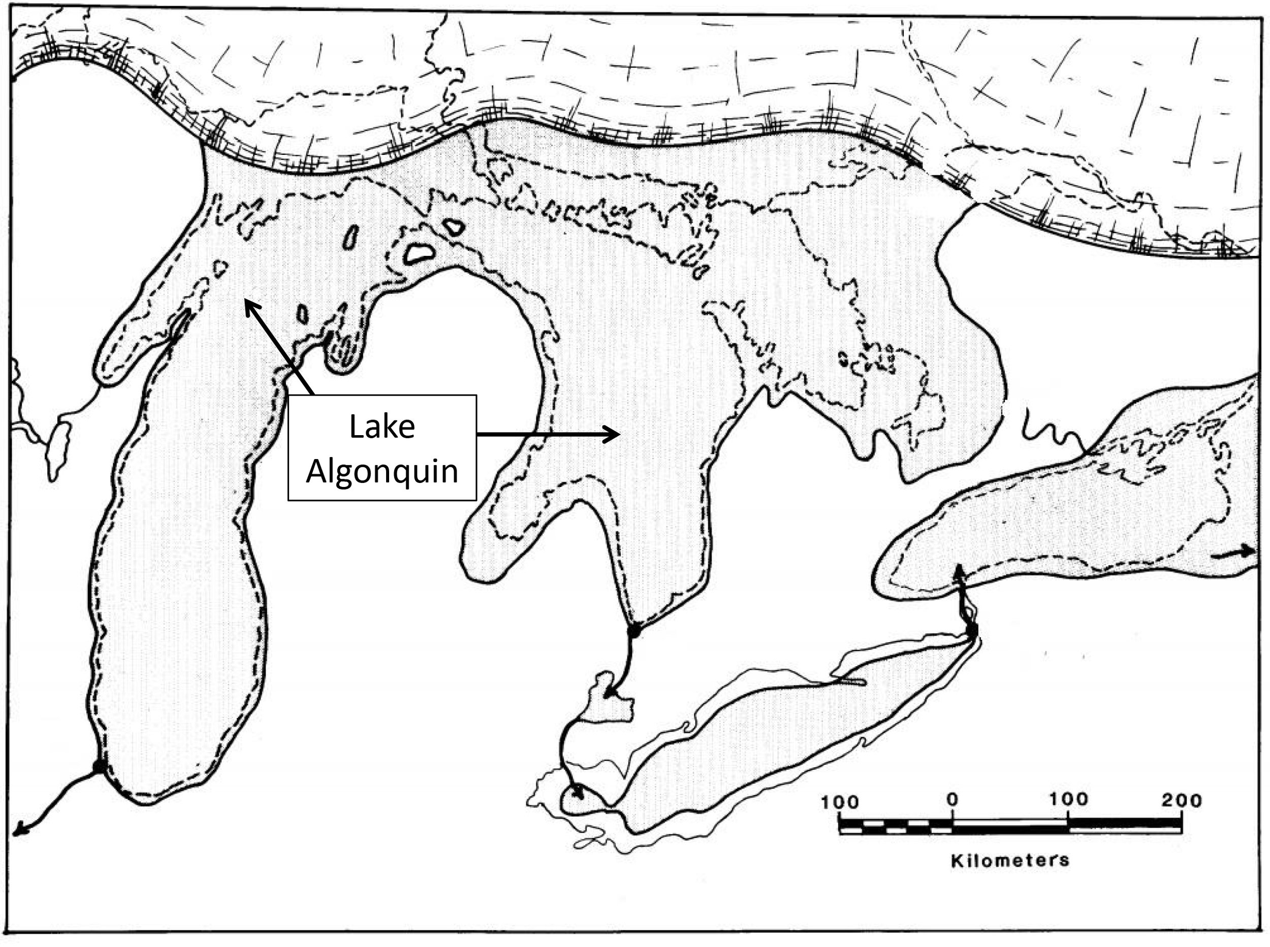 图3:阿冈昆湖的近似分布,从柯蒂斯拉森(1987):地质历史的冰川湖阿冈昆和上面的大湖,美国地质调查局1801年公告,39 p。