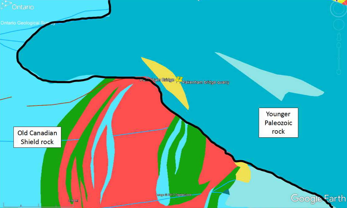 图3:Pakenham的一般地质区域raybet雷竞技app下载。这个地球地raybet雷竞技app下载质地图是使用在线og创建的应用程序和谷歌地球。旧的,一个加拿大地盾的山口岩包括:a)古老的大理石,彩色地图上的浅蓝色;…
