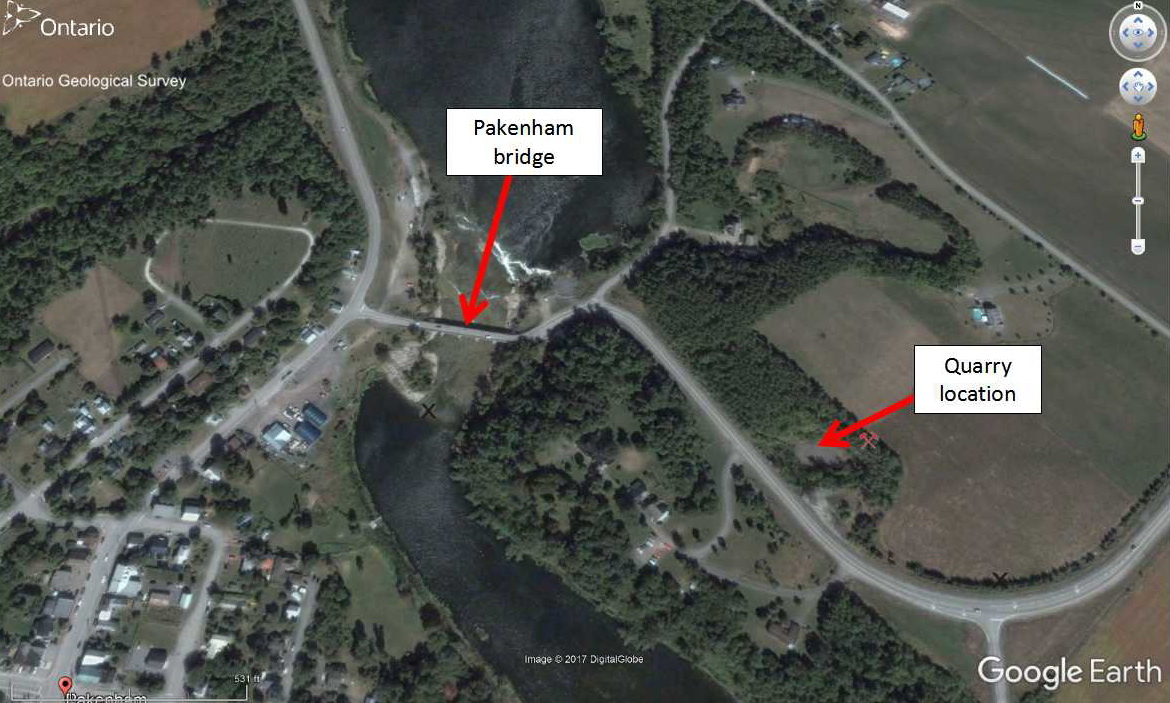 图4:的位置可能的源岩采石场Pakenham five-span石桥位于密西西比河以东约0.3沿着高速公路20公里(0.2英里)。桥的位置和采石场高亮显示。形象创造…