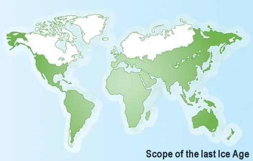 Figure 13: This cartoon shows the distribution of glacial ice, in the northern hemisphere. The ice cover is coloured in white, which covered North America, Greeenland, and northwestern Europe during the peak of the last ice age, about 25,000 years ago. Antarctica was also covered by glaciers at this glacial maximum, but it is not illustrated on this cartoon. Image source: Climate change and human evolution .
