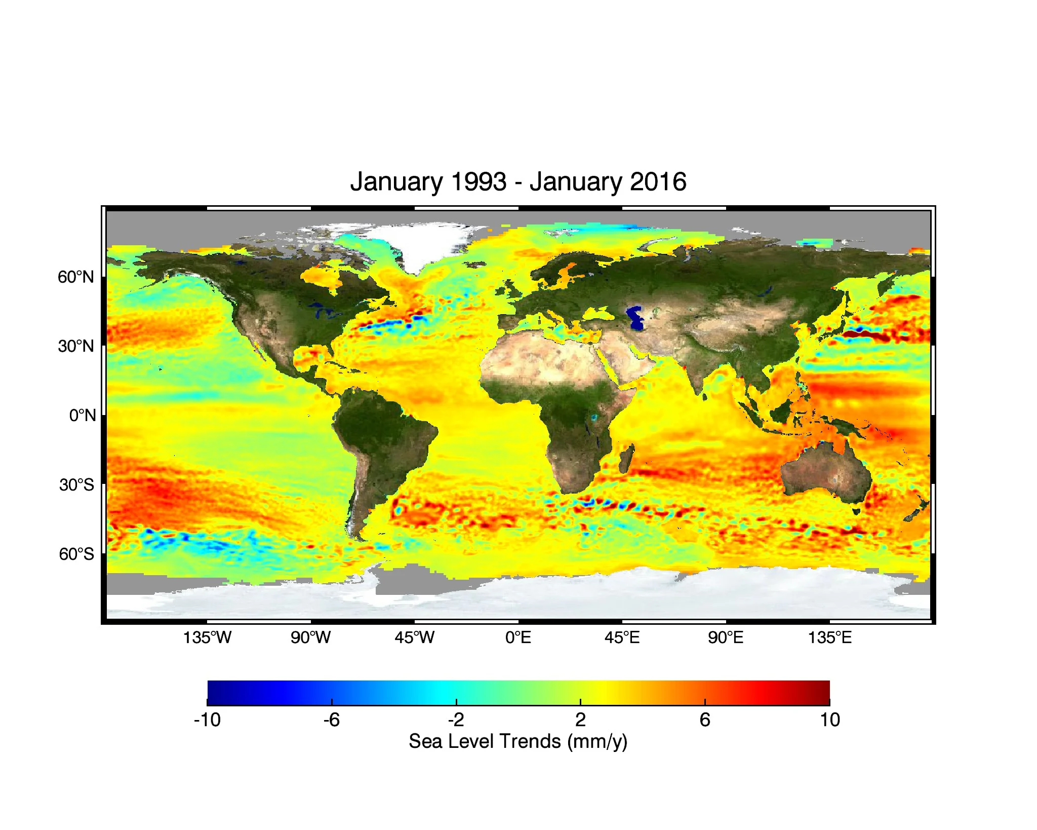 Figure 3: This image shows the surface height of the oceans. This image shows the 20 year trend of rising surfaces across the Earth from 1993 to 2016. The hot red coloured areas show regions where the sea surface has risen up to 10 mm per year. The cold blue areas show regions where the sea surface has dropped up to 10 mm per year. The surface height of the ocean is not the same everywhere. Image source: Global Mean Sea Level by NASA .