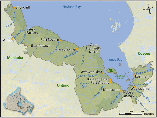图2:安大略社区的位置位于哈得逊湾的海岸和詹姆斯·湾raybet11:塞汶河堡Peawanuck, Attawapiskat,因为,奥尔巴尼堡和Moosonee。图片来源:生物多样性加拿大哈德逊平原Ecozone和证雷竞技官网dota据fo…