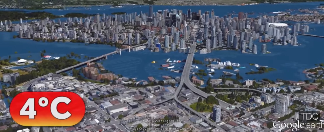 图1:一个卡通显示海洋洪水的可能的程度上影响城市温哥华,基于一些假设,包括全球气候温度上升4 c。这张图片来自于视频:海平面上升后的世界。
