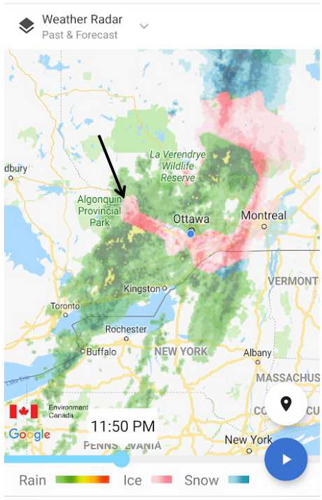 图2:冰雨之舌，由黑色箭头和粉红色标识，从渥太华向西北延伸，沿着渥太华-伯内切尔地堑山谷。图片来源:来自天气网络(https://www.theweathernet…