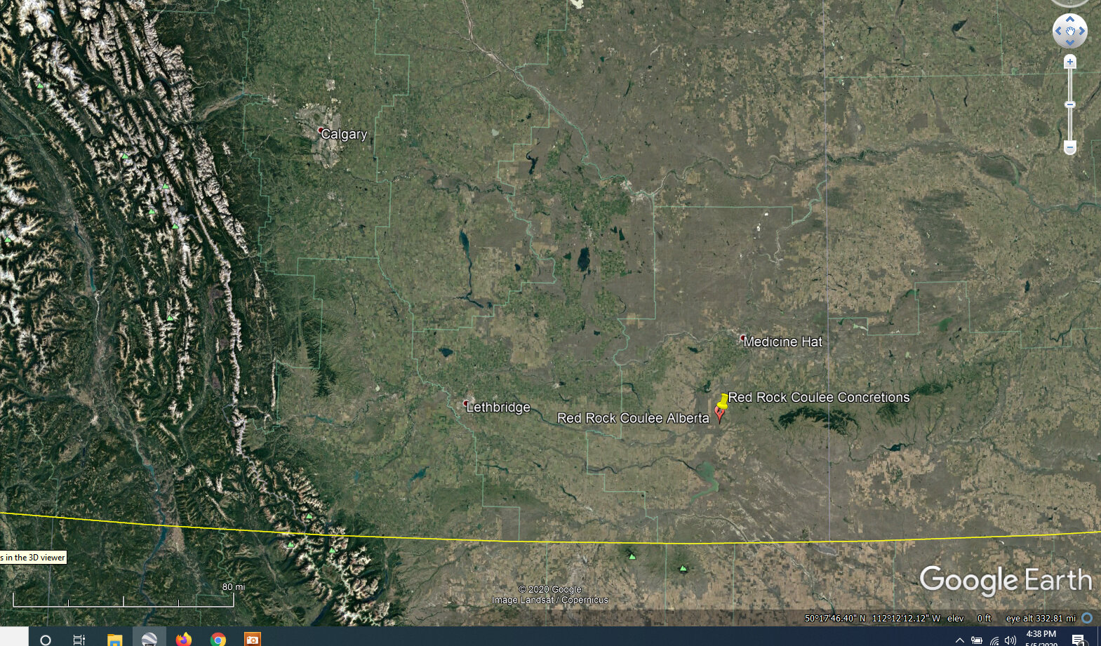 位置1:地图区域地理位置的红岩深谷结核网站,阿尔伯塔省。从谷歌地球图片。