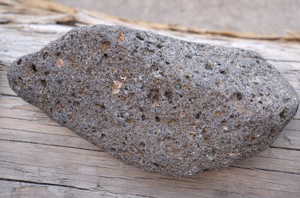 照片2:这个基维诺期玄武岩鹅卵石,发现在海滩上,包含许多小洞,或漏洞,被称为囊泡。蛀牙曾经充满了气体,被困的液态岩石时,称为岩浆冷却,成为sol…