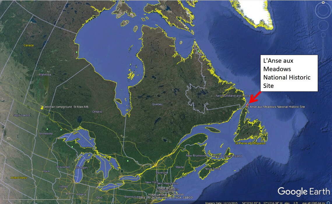 图1:位于加拿大纽芬兰和拉布拉多省纽芬兰岛大北方半岛北端的L 'Anse aux Meadows国家历史遗址的位置。谷歌修改地图图像。