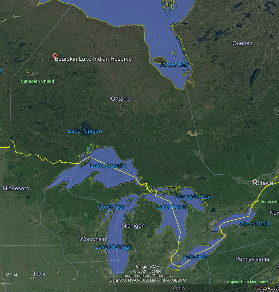 图一:加拿大安大略省西北部熊皮湖第一民族保护区的位置。raybet11雷竞技官网dota这是一个偏远的飞行社区。谷歌地球图像。
