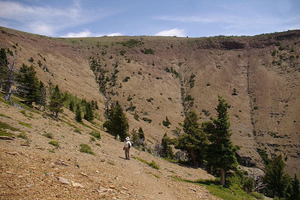 图2:人站在石板风化破碎后形成的碎石表面。2006年6月29日，Andy Fyon在艾伯塔省桌山拍摄。