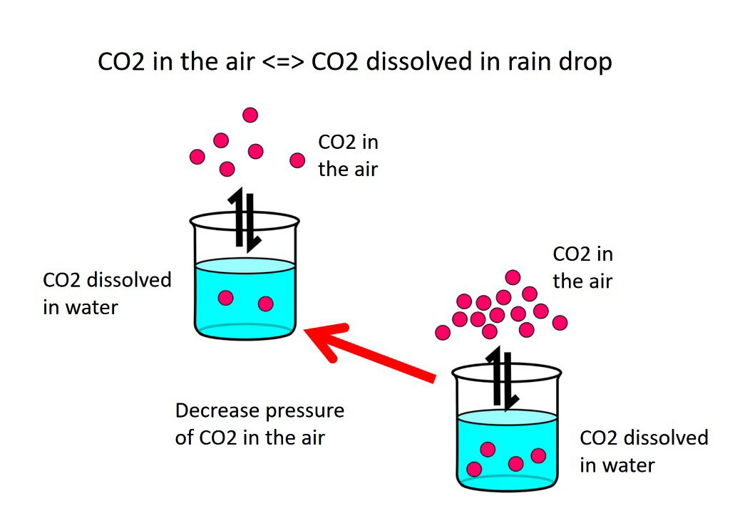 图4:减少大气中二氧化碳气体(CO2)的压力，以减少烧杯上方红点的数量来表示，导致反应通过“反向”推动反应来补偿，向左，减少…