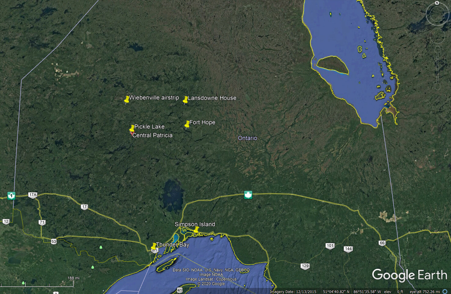 图2:Wiebenville飞机跑道的位置,加拿大安大略省的西北。raybet11雷竞技官网dota谷歌地球图片,9月25/20。
