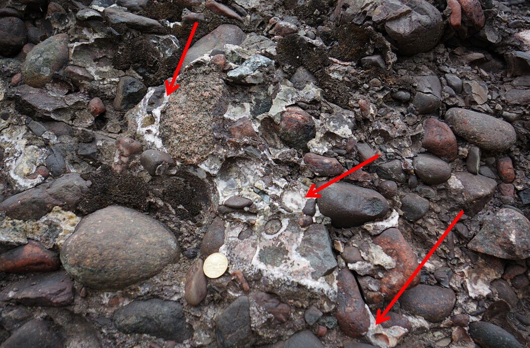 照片3:红色箭头指向方解石水垢,结合大卵石在这个古老的企业存款。图像由安迪•Fyon基维诺期集团,在亡灵湾,2018年8月21日。