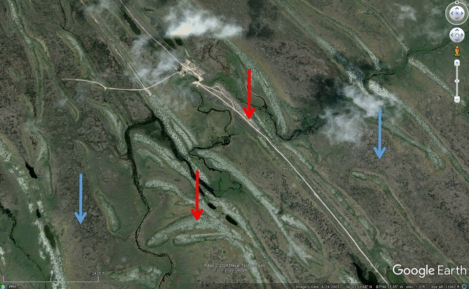 图7:谷歌地球图片显示更详细的视图塞汶河堡西北的土地(安大略省)。raybet11红色箭头指向的浅色沙滩。提出了海滩是桑迪和反射光线,这就是为什么他们出现光colou…