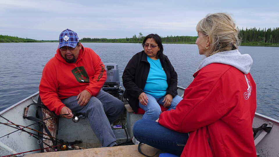 Photo 1: Harry and Martha Papah (left) and Lori Churchill (right) on the fishing trip, Eabamet Lake, in the homeland of Eabametoong First Nation (Ontario), June 26, 2012.