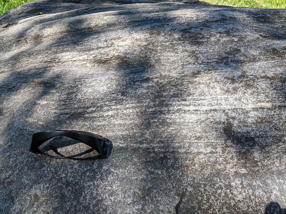 图10:特写的冰川漂坐在Carlington森林地区的石灰岩,渥太华。纹理是典型的片麻岩的岩石。我认为这块石头被从魁北克的渥太华河。不稳定可能由格伦维尔片麻岩组成。安迪Fyon照片,也许31/21。