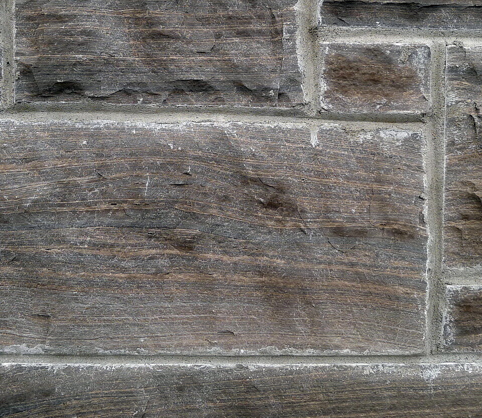 图3:用作装饰外墙的石灰石。地质学家称之为埃拉莫萨石灰岩，它出现在安大略省南部。raybet11当石灰岩深埋在地表之下时，经过加热和挤压，就变成了大理石。安迪·费翁摄，2015年12月22日。