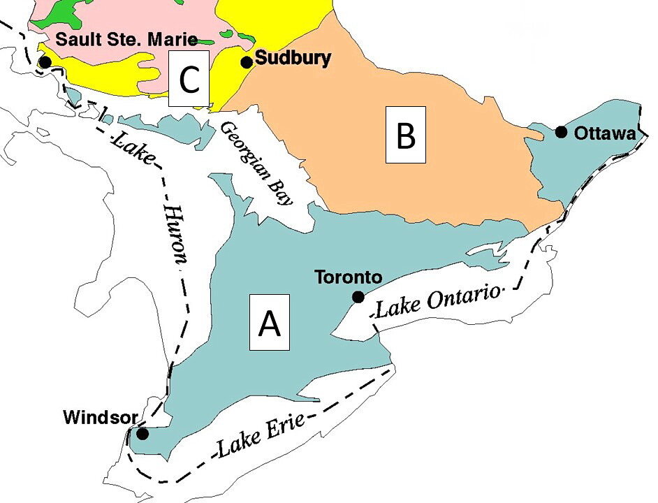 图6:安大略省南部简化的基岩地质。raybet雷竞技app下载raybet11A区:安大略最年轻的岩石，属于古生代，年龄从5.4亿raybet11年到3.6亿年不等。B区:格伦维尔省——包括年龄在20亿到10亿岁之间的岩石。这些岩石是加拿大地盾的一部分。C区:苏必利尔省(地图上粉红色和绿色)和南部省(地图上黄色)，这两个省都由超过20亿年的岩石组成。