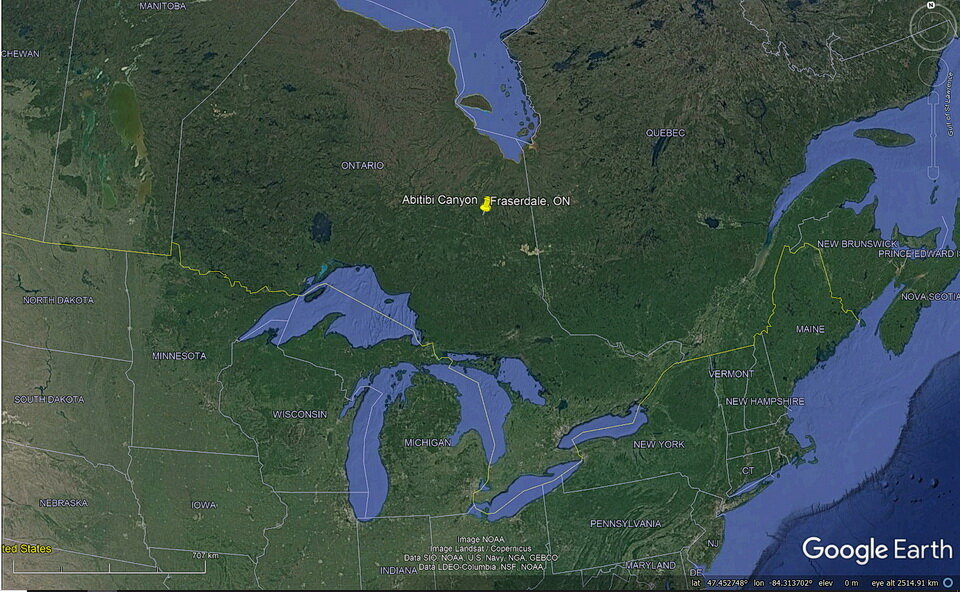 照片1:谷歌地球地图给你一个地理环境Fraserdale - Abitibi峡谷地区,加拿大安大略省。raybet11雷竞技官网dotaFraserdale位于Timmins以北130公里(81英里),詹姆斯以南约160公里(100英里)。