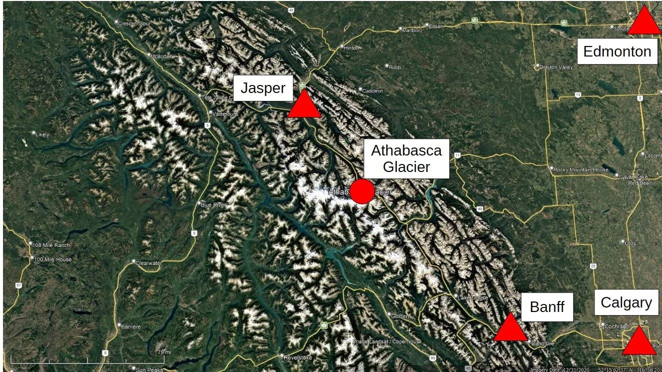 A Google Earth satellite image that shows the location of the Athabasca Glacier.