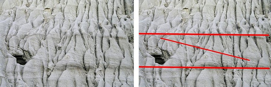 Faint cross-bedding in sandstone exposed in the badlands.